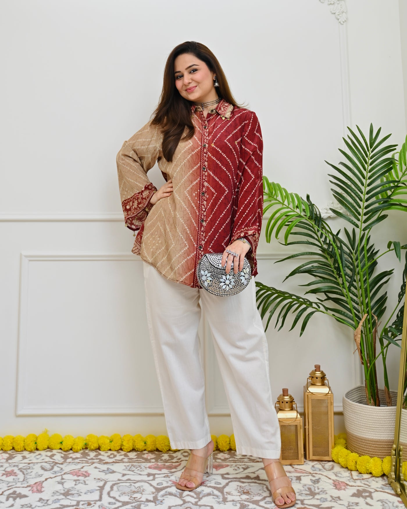 Crimson Chevron Bandhani Crepe Shirt