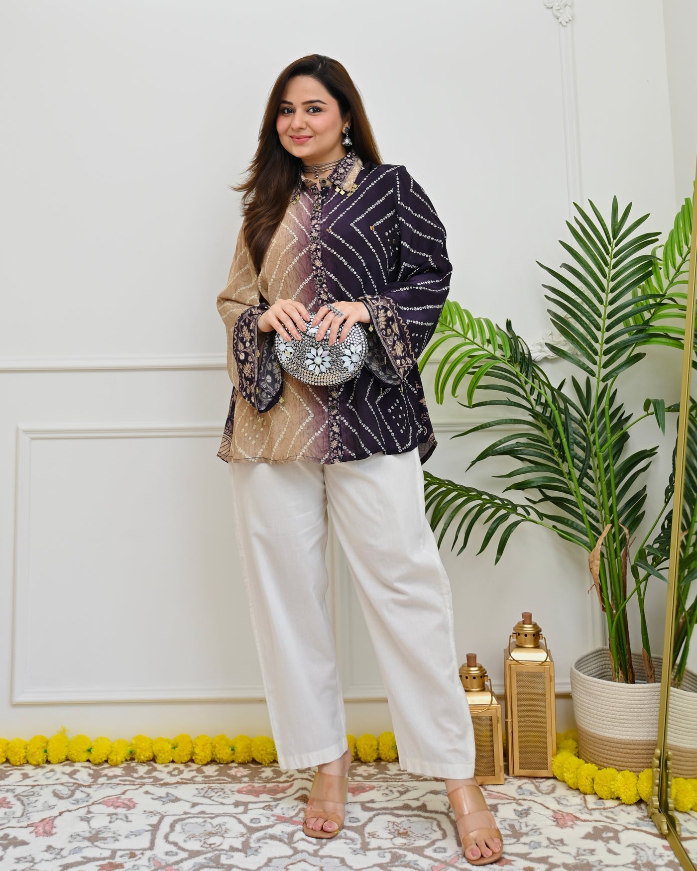 Plum Chevron Bandhani Crepe Shirt