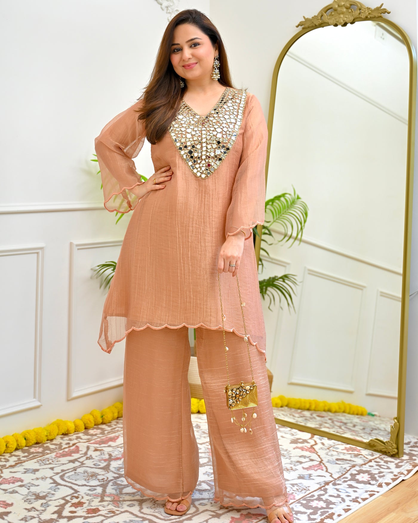 Peach Paradise Mirrorwork Crush Tissue Co-ord