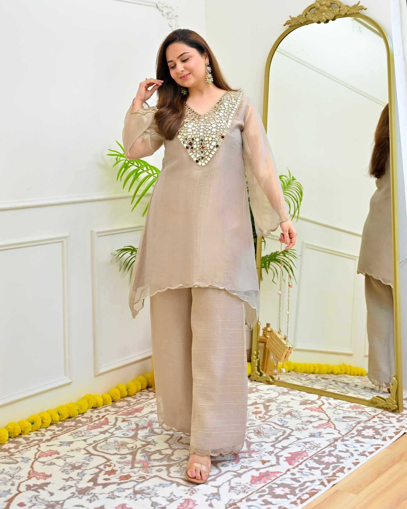Beige Gold Mirrorwork Crush Tissue Co-ord