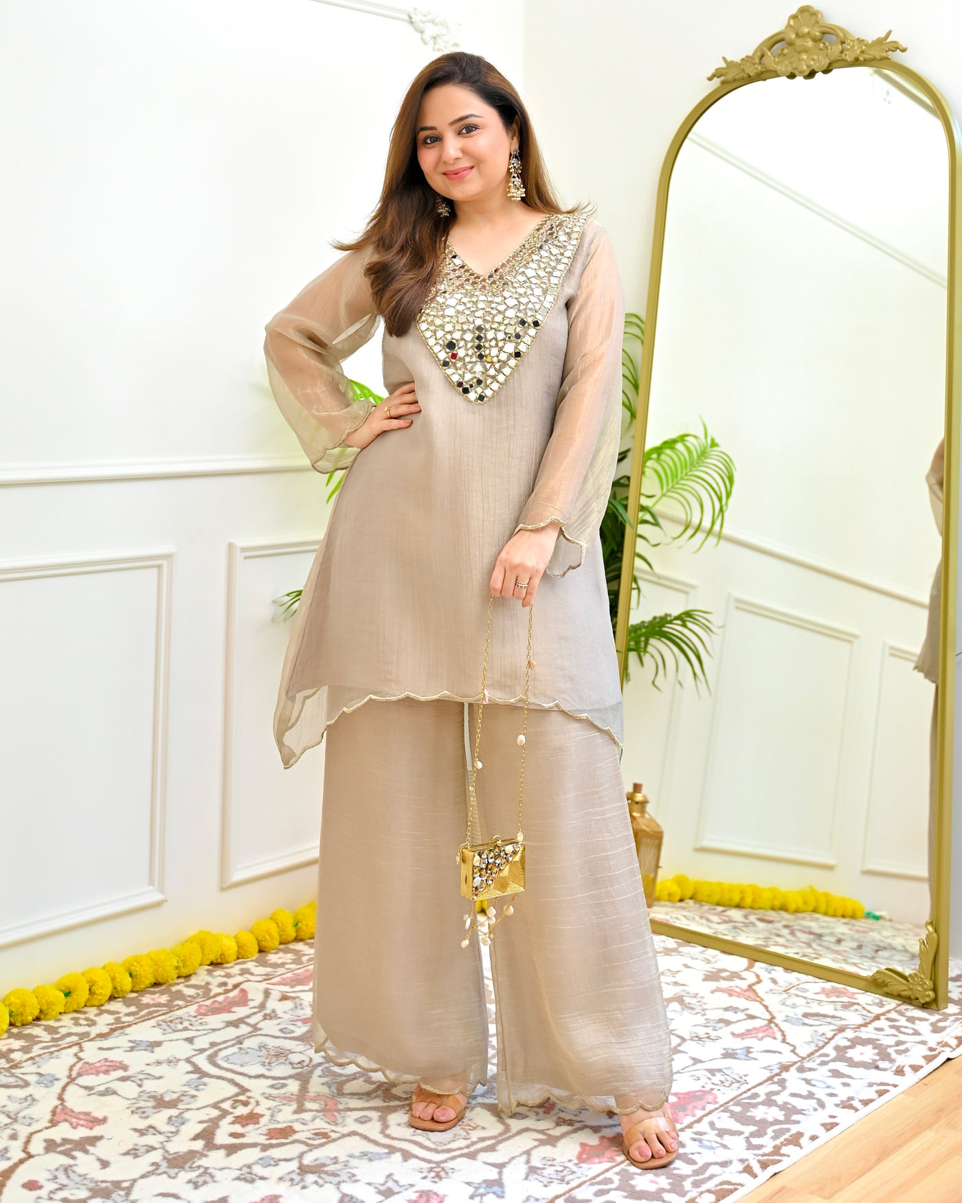 Beige Gold Mirrorwork Crush Tissue Co-ord
