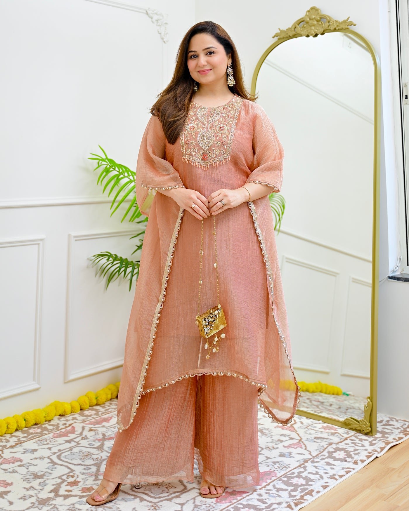 Peach Noor Handwork Crush Tissue Kaftan Set