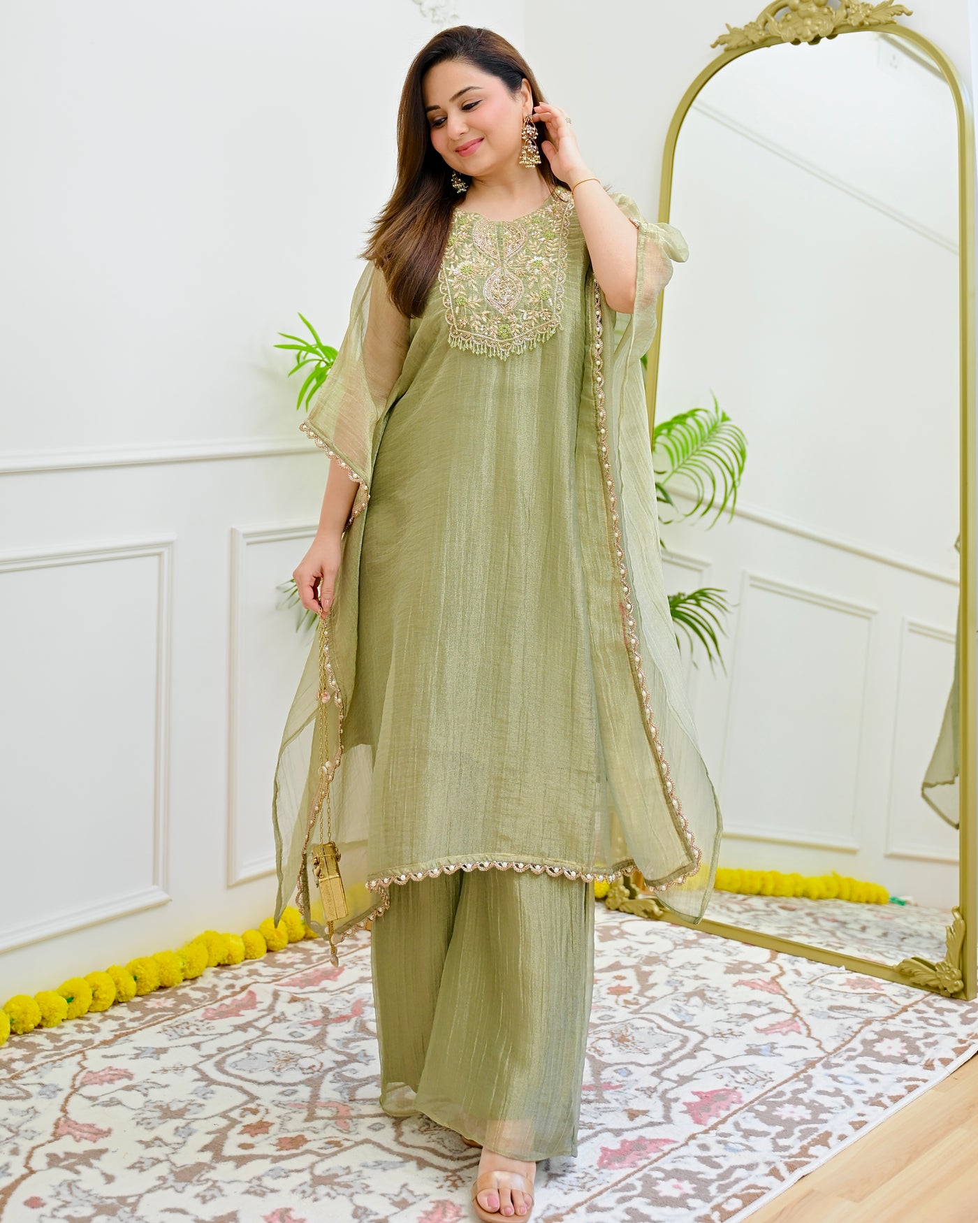 Moss Green Handwork Crush Tissue Kaftan Set