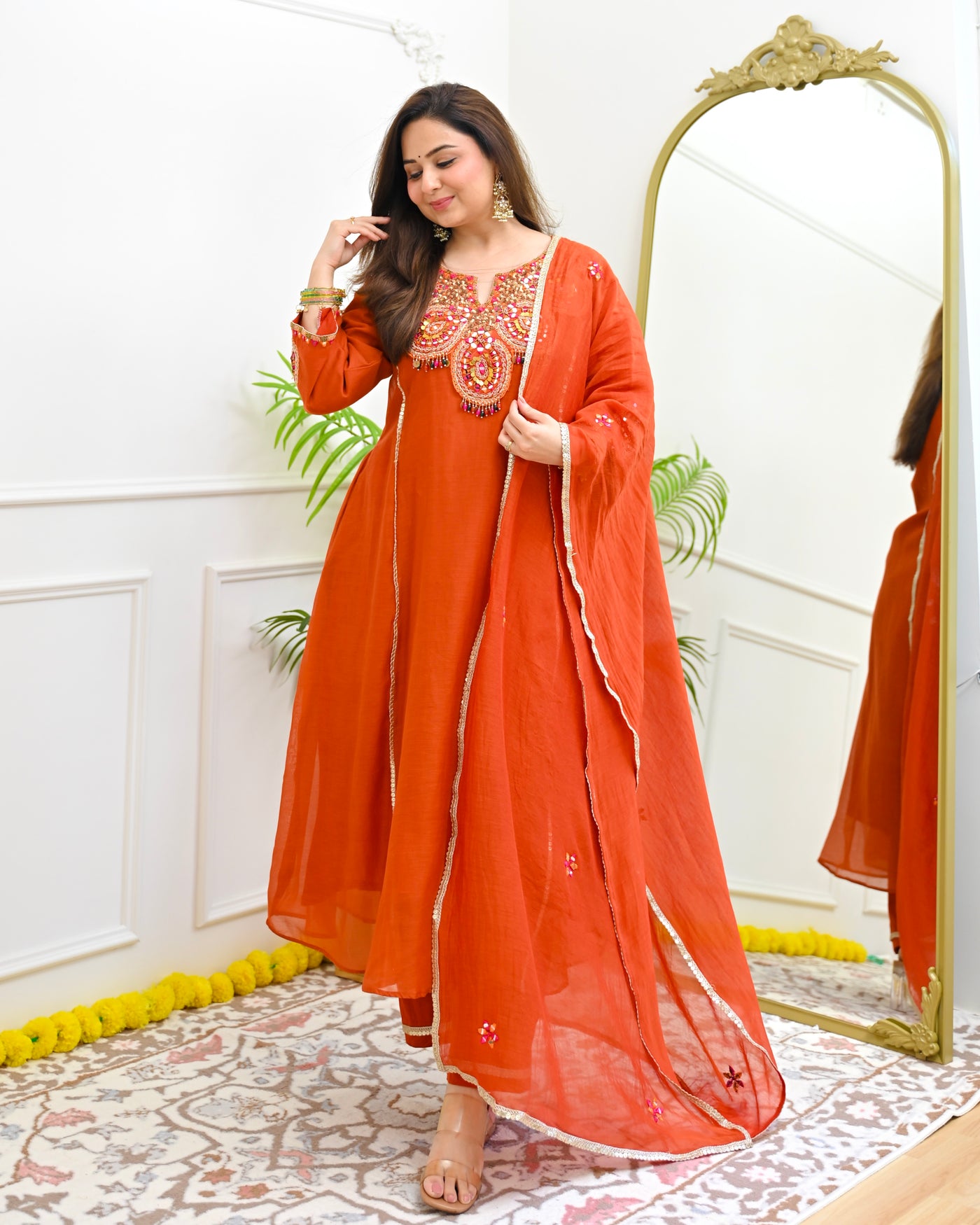 Kesariya Rang Handwork Mul Chanderi A Line Suit