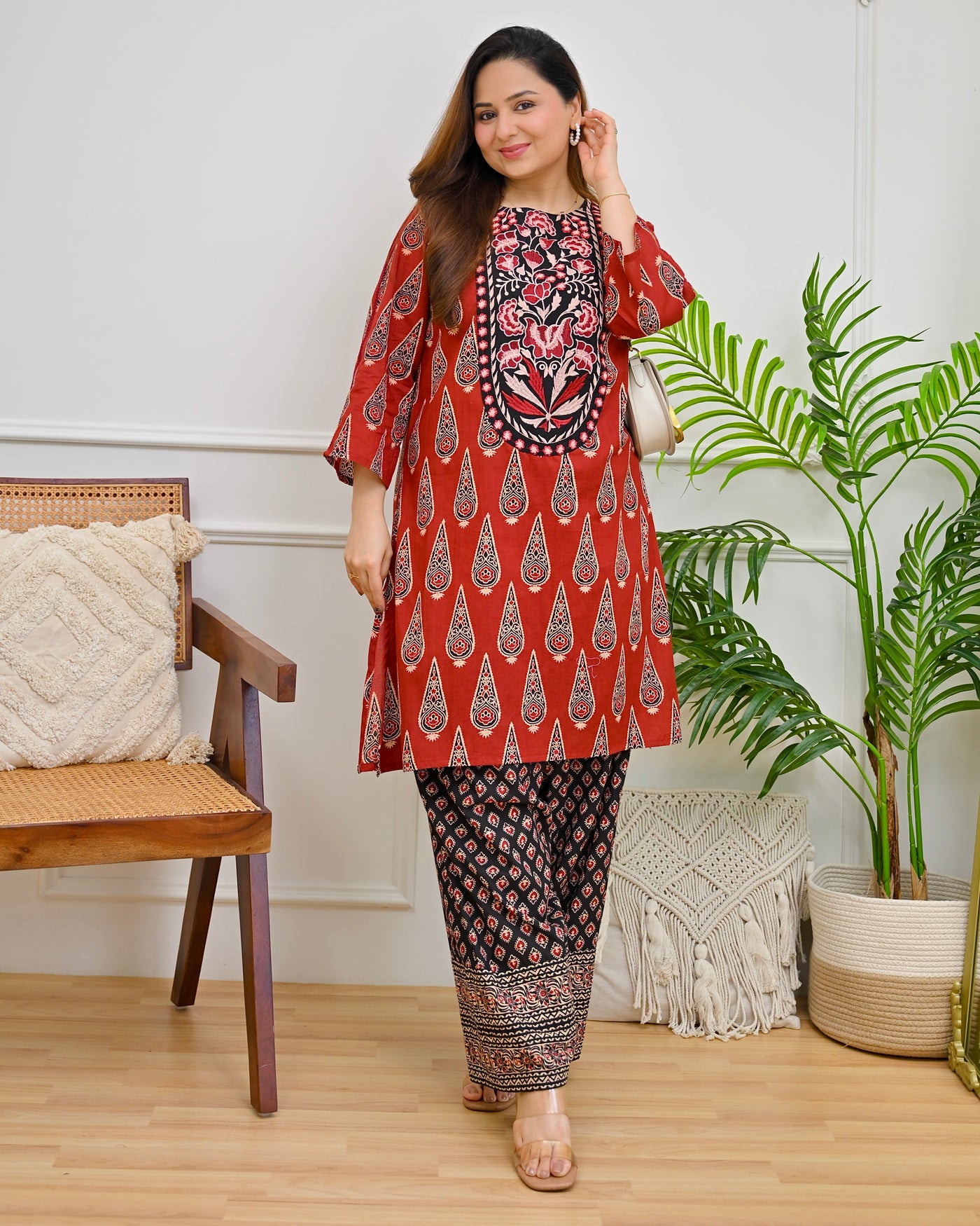 Crimson Black Ajrak Cotton Farshi Kurta Set