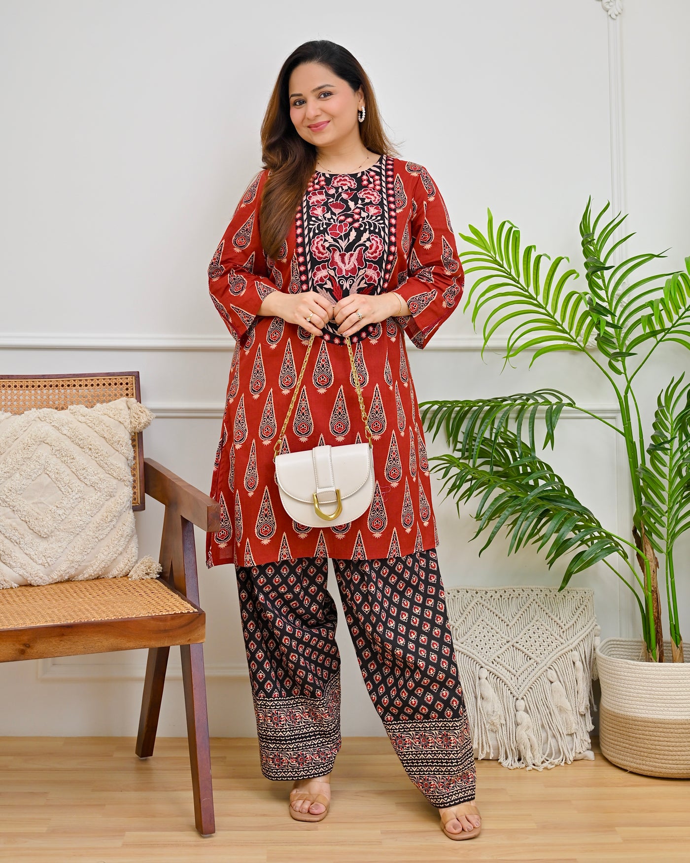 Crimson Black Ajrak Cotton Farshi Kurta Set