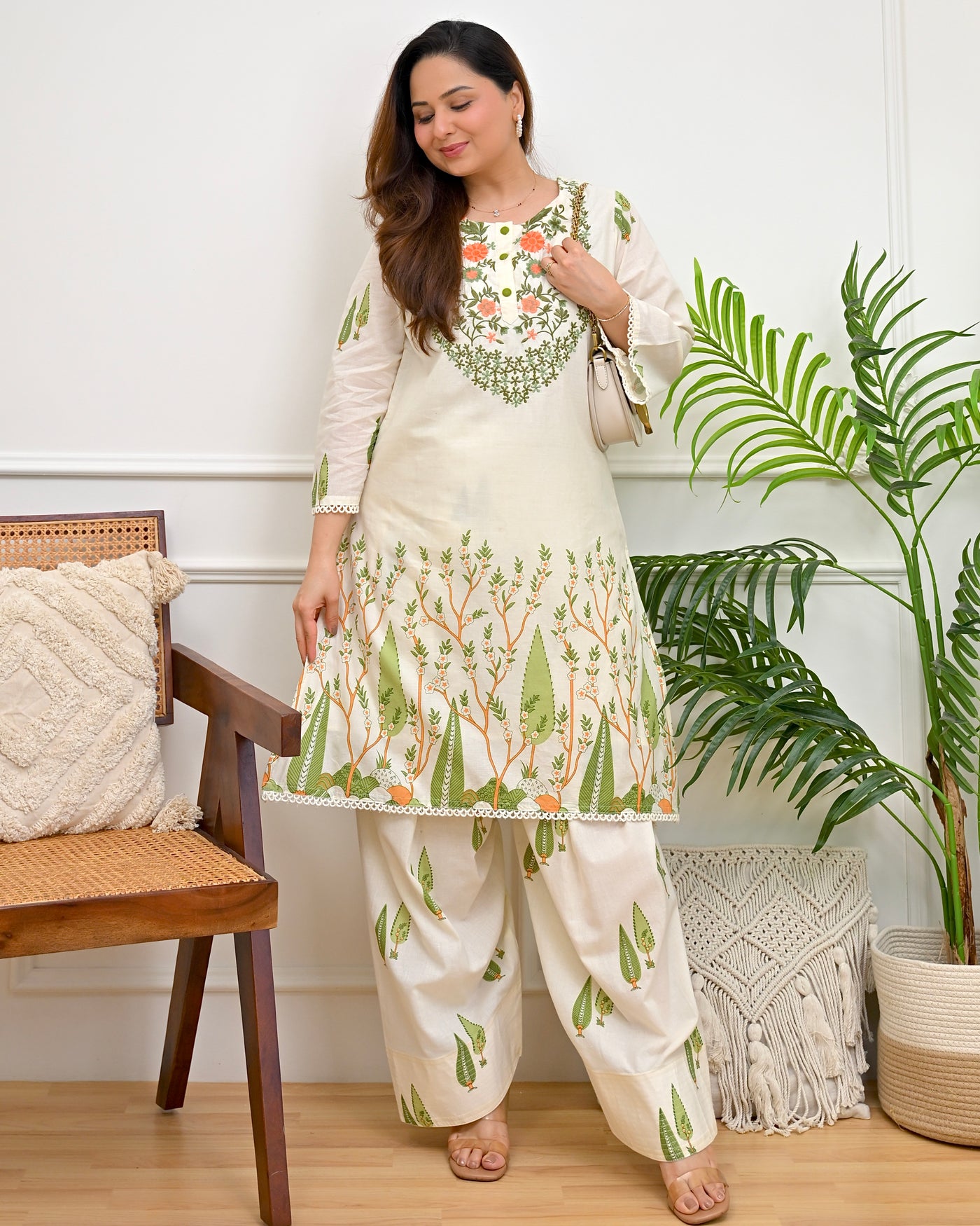Ivory Olive Blossom Cotton Farshi Kurta Set