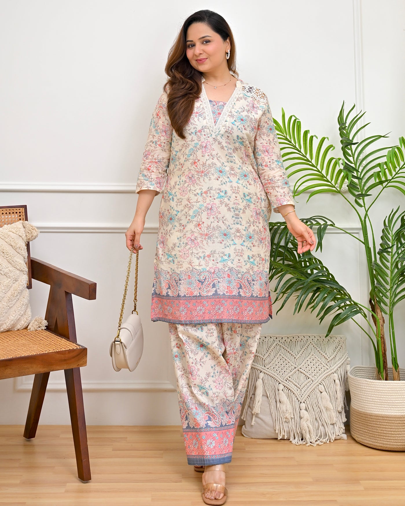 Ivory Pastel Garden Cotton Farshi Kurta Set