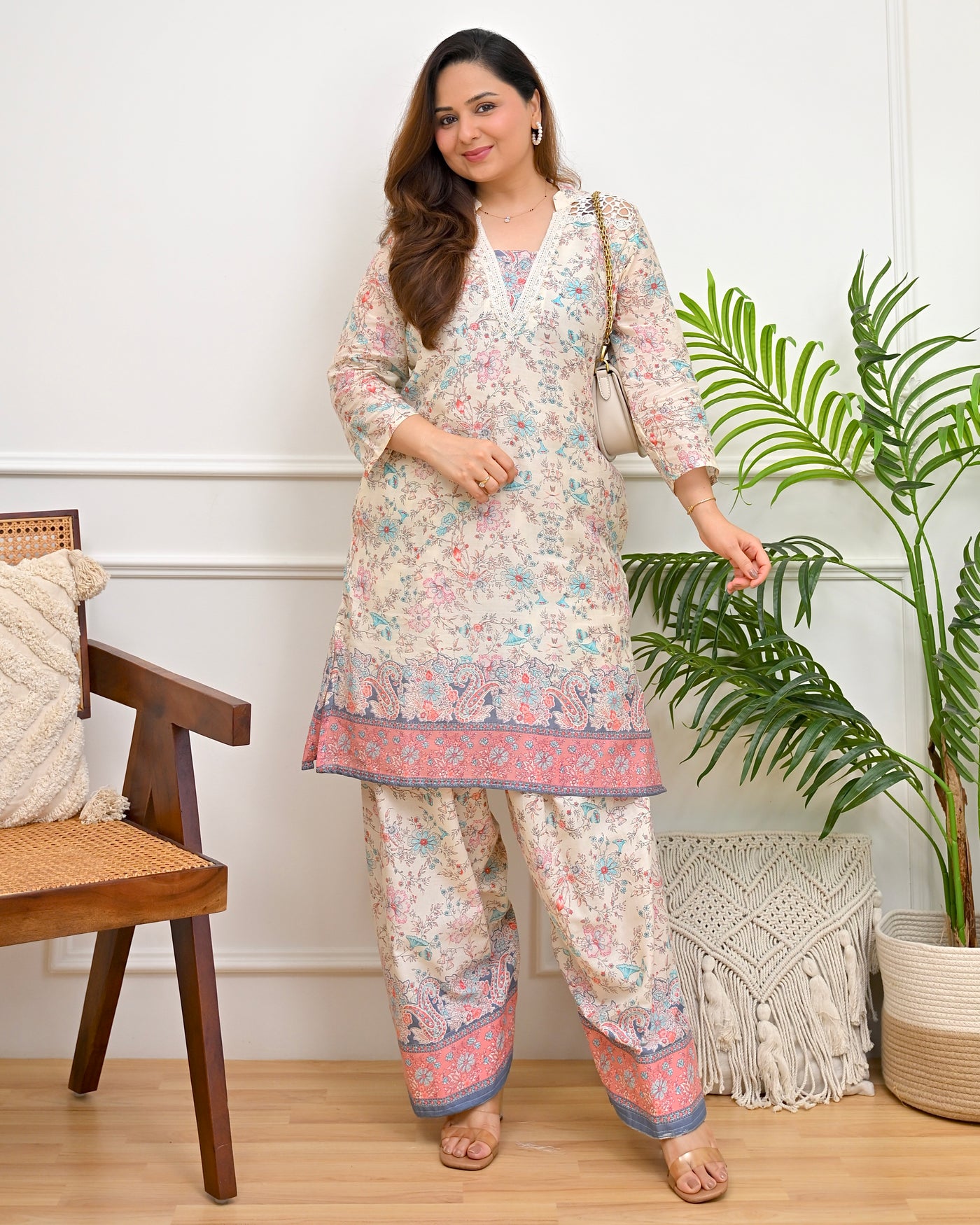 Ivory Pastel Garden Cotton Farshi Kurta Set