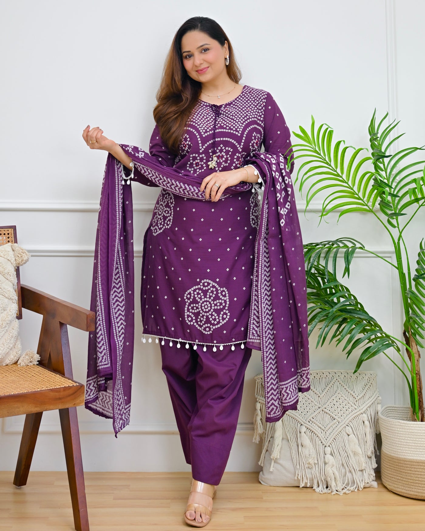 Purple Noor Bandhej Farshi Cotton Suit