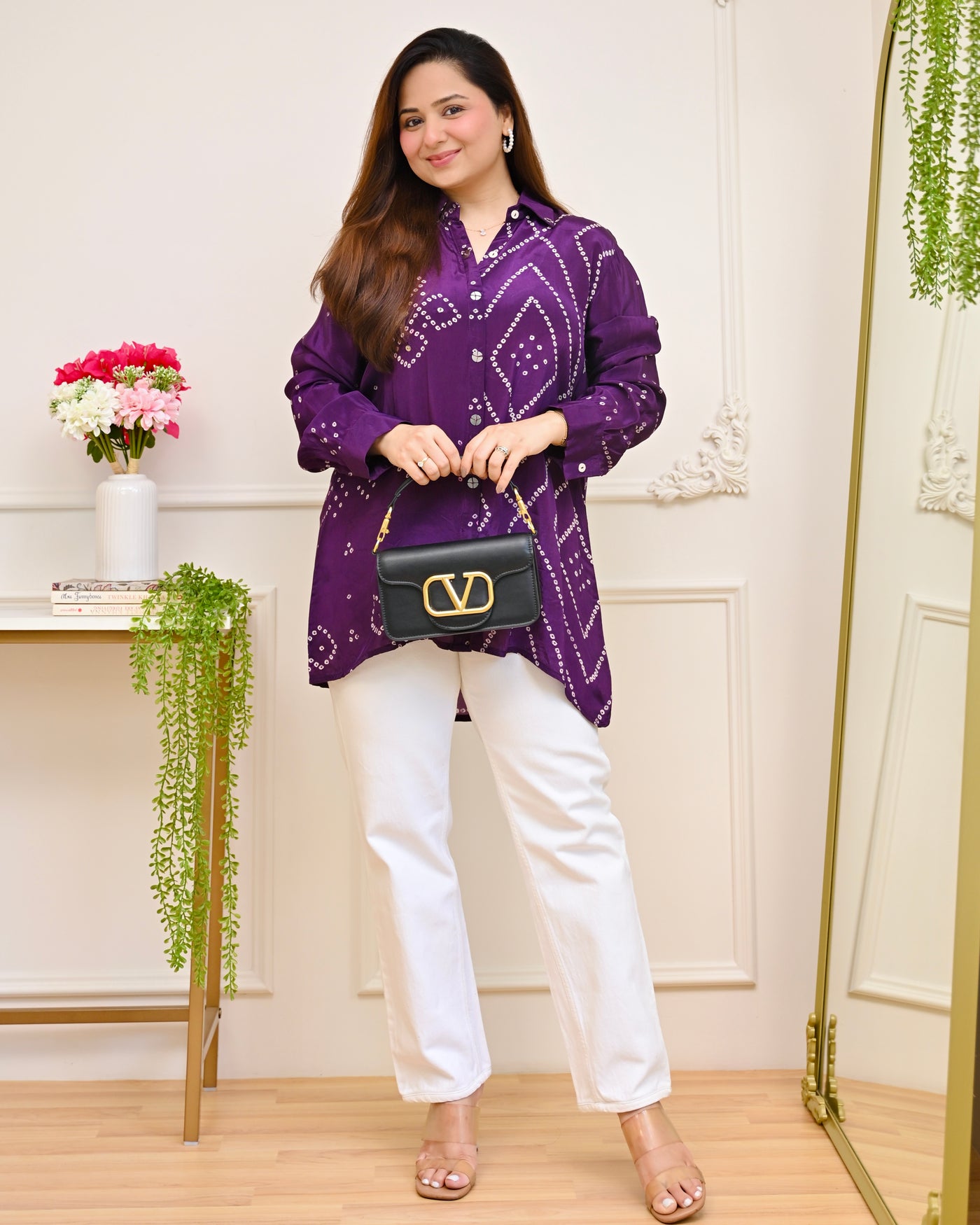 Purple Bandhej Sequin Pure Crepe Shirt
