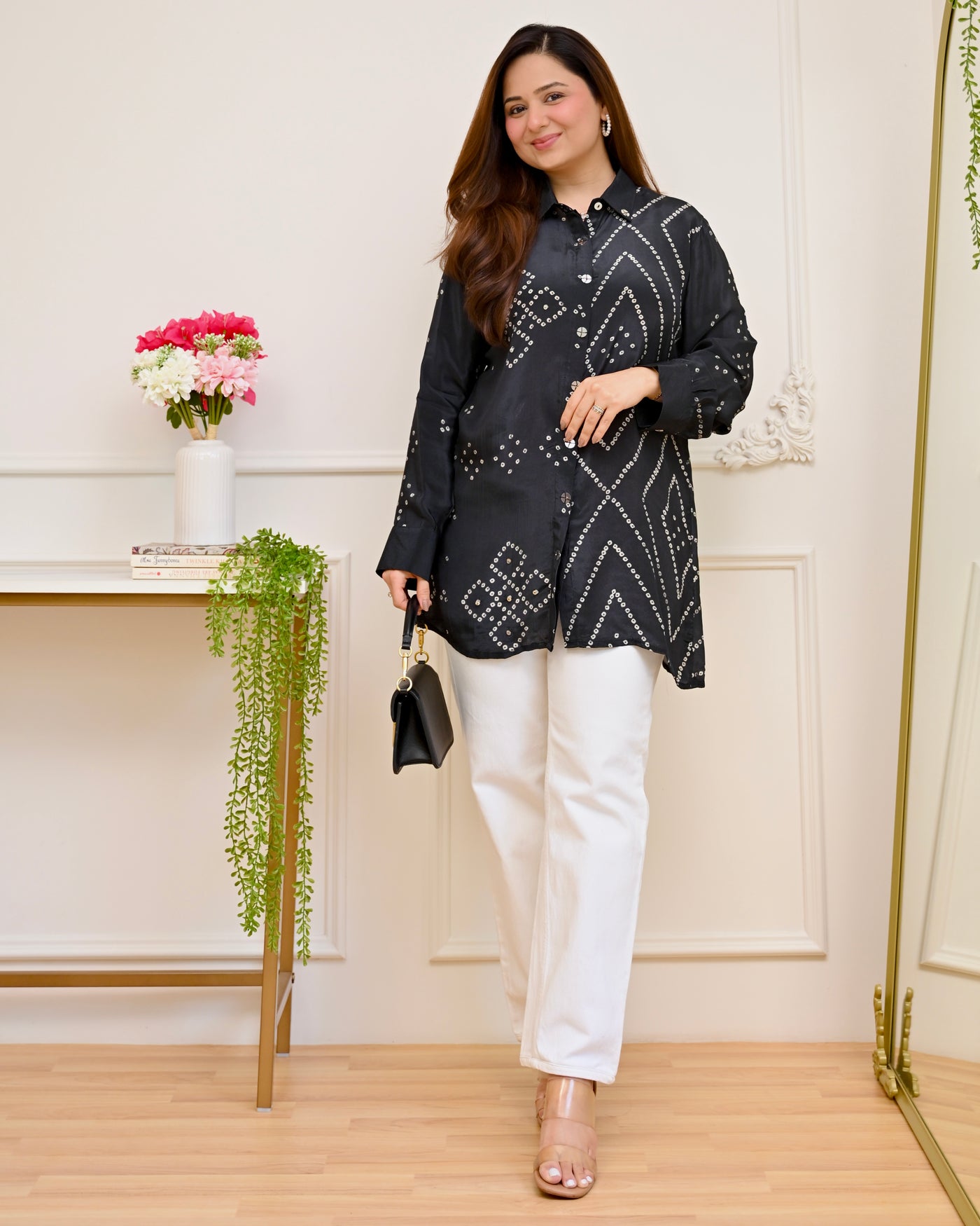 Black Bandhej Sequin Pure Crepe Shirt