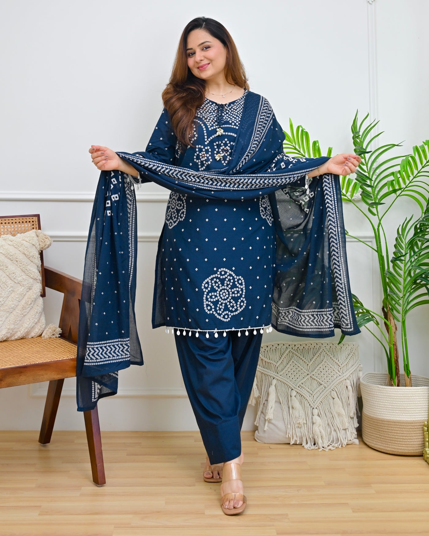 Navy Noor Bandhej Farshi Cotton Suit