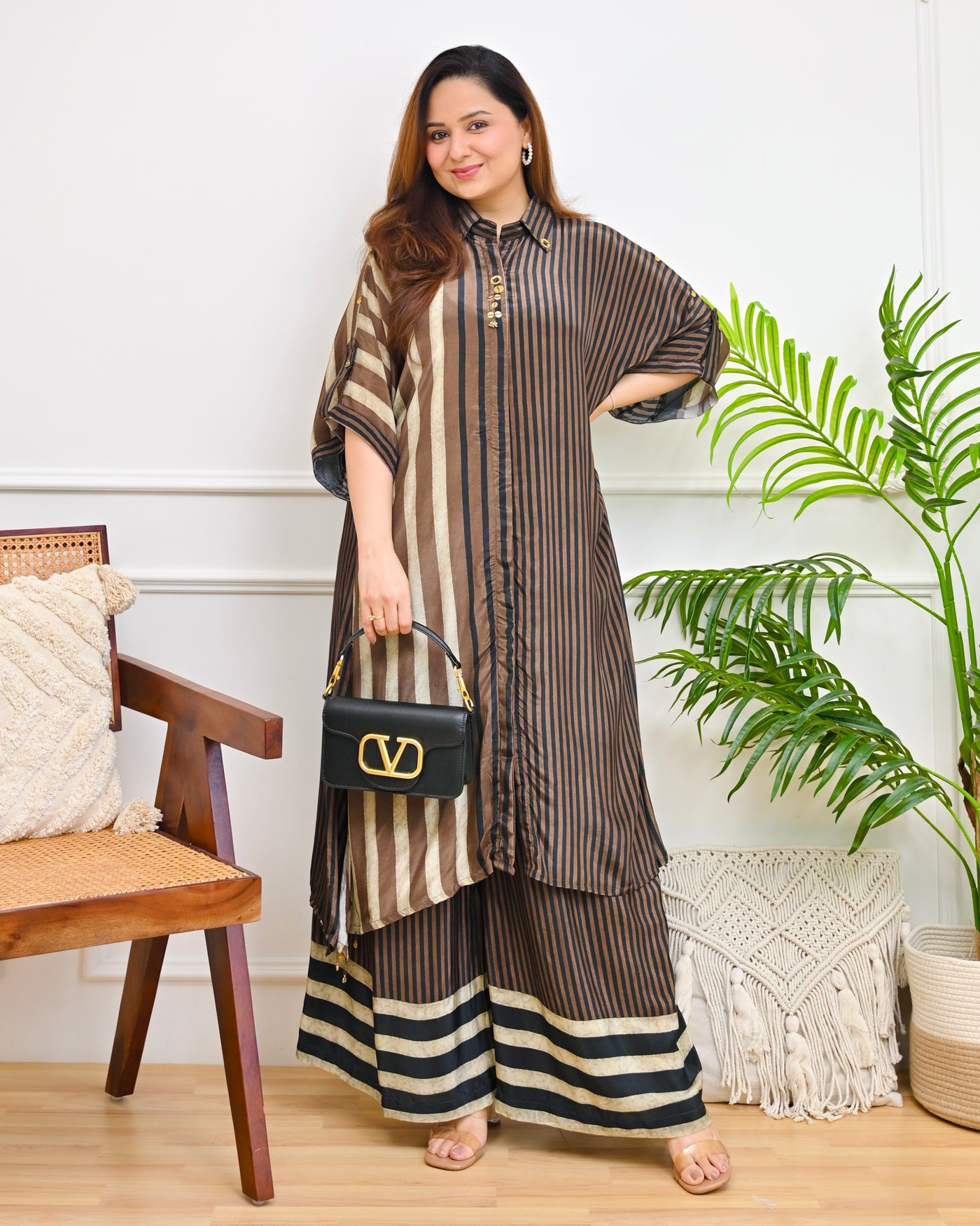 Midnight Espresso Stripes Premium Crepe Kurta Set