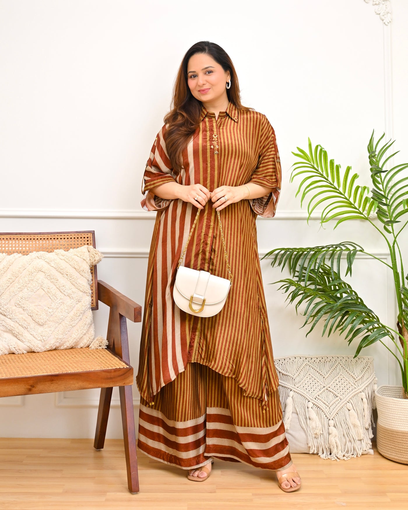 Amber Caramel Stripes Premium Crepe Kurta Set