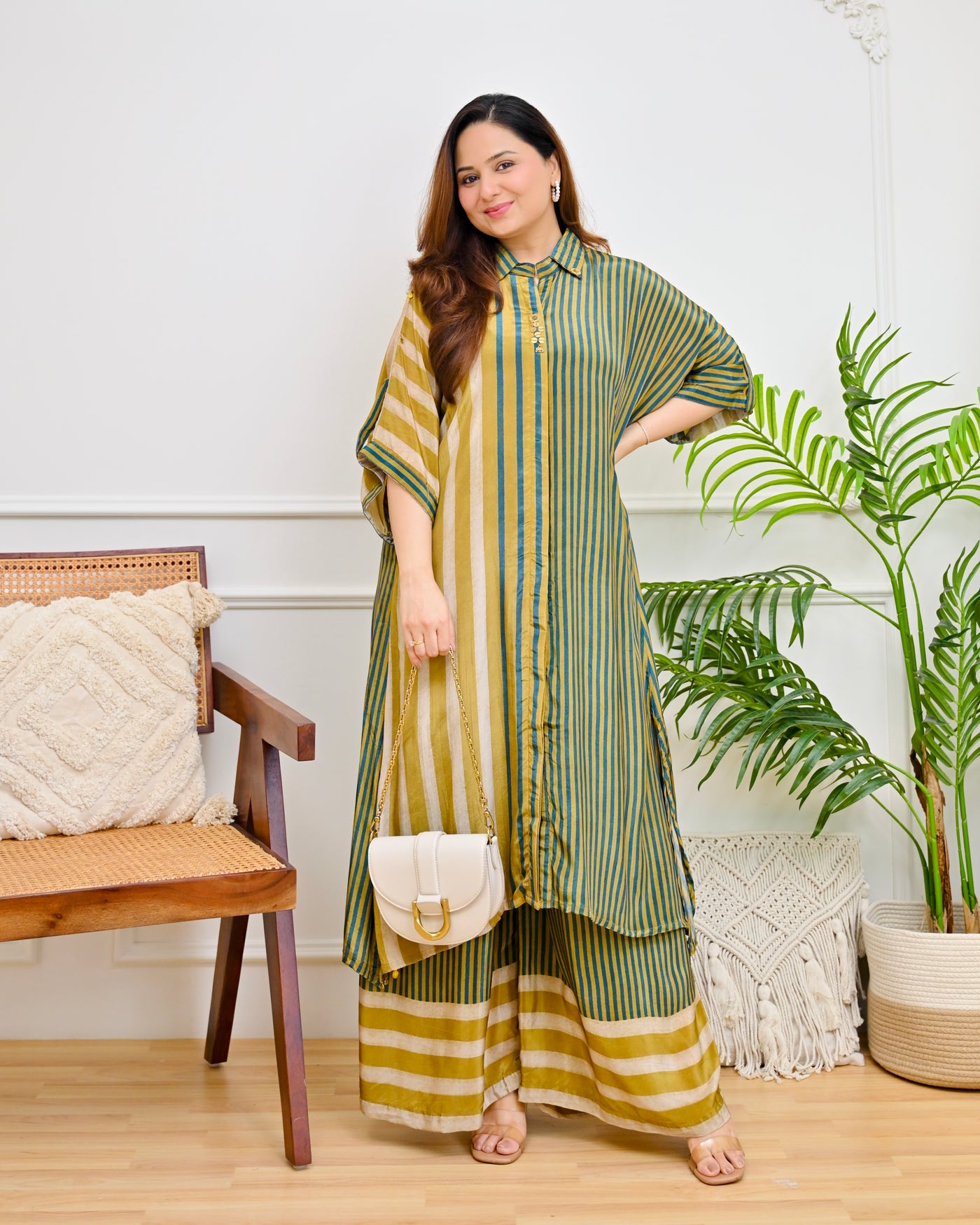 Teal Mustard Stripes Premium Crepe Kurta Set