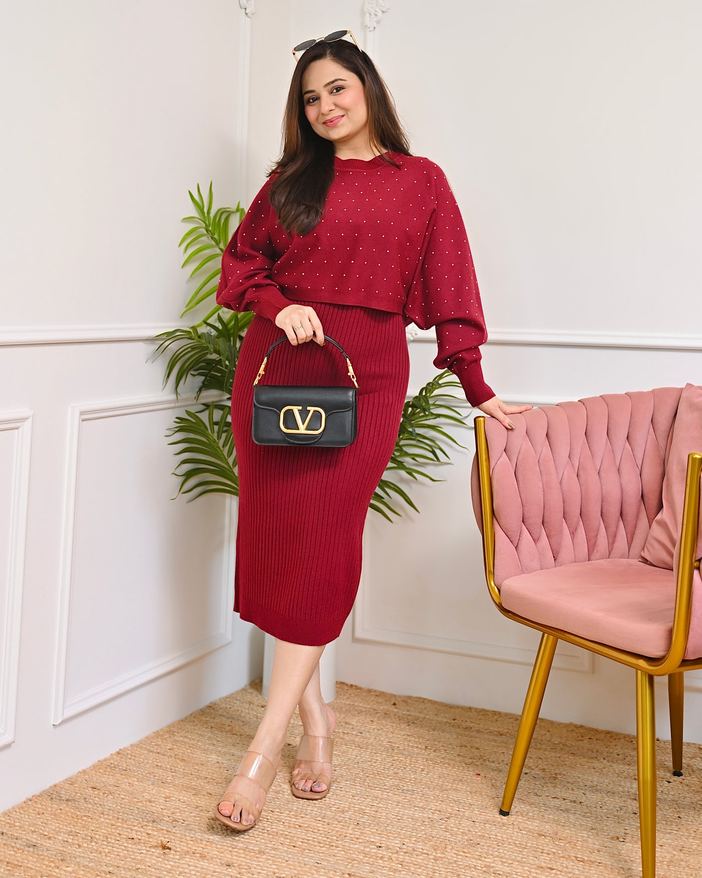 Winter Special Ruby Red 2 Piece Premium Woollen Midi Dress For Women M Winter Special Ruby Red 2 Piece Premium Woollen Midi Dress For Women M