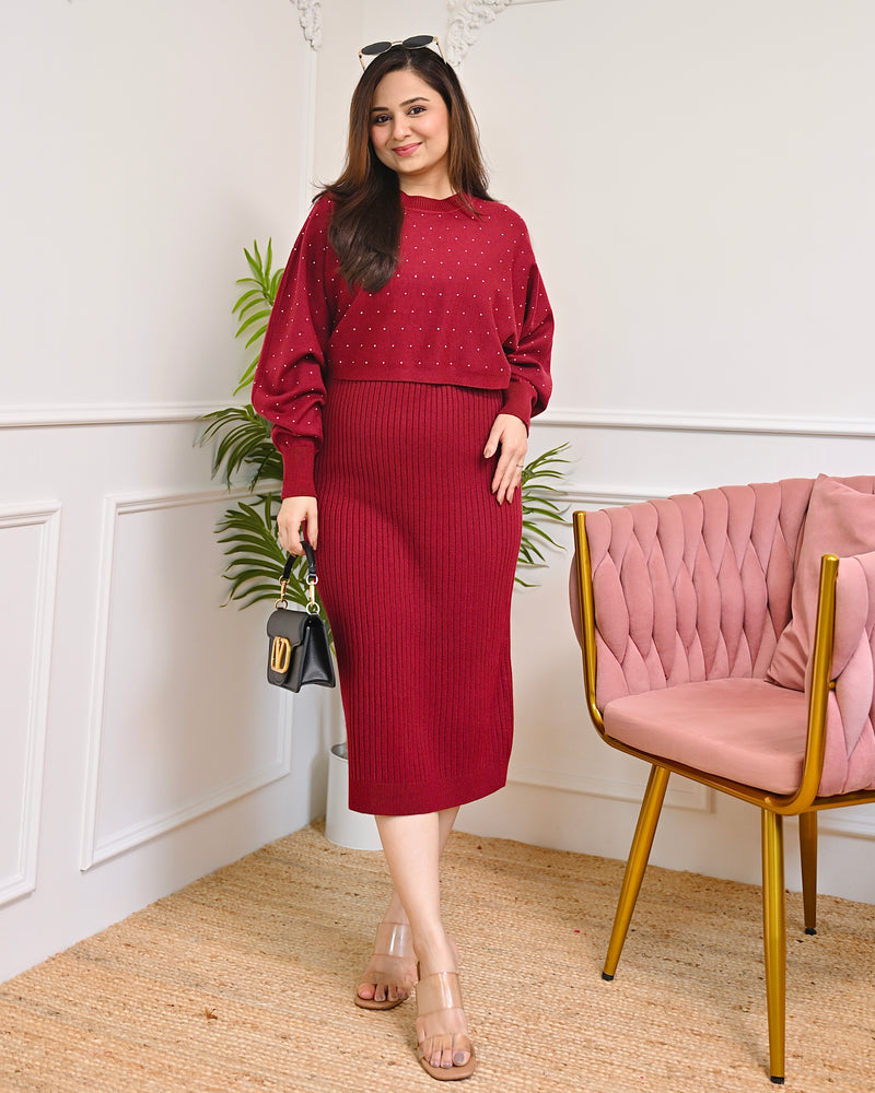 woolen midi dress Winter Special Ruby Red 2 Piece Premium Woollen Midi Dress For Women –  Label Madhuri Thakkar