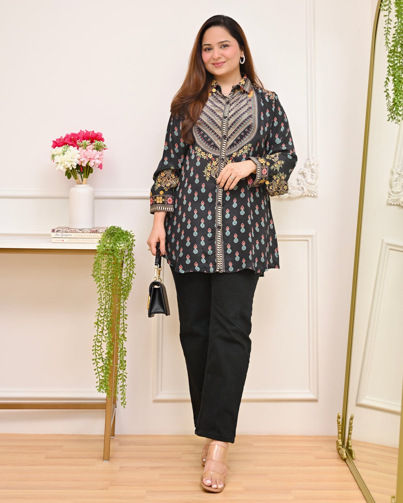 Black Mughal Muse Floral Pure Crepe Shirt
