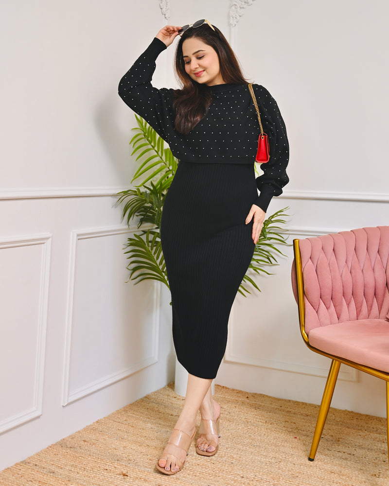 Winter Special Maison Noir 2 Piece Premium Woollen Midi Dress For