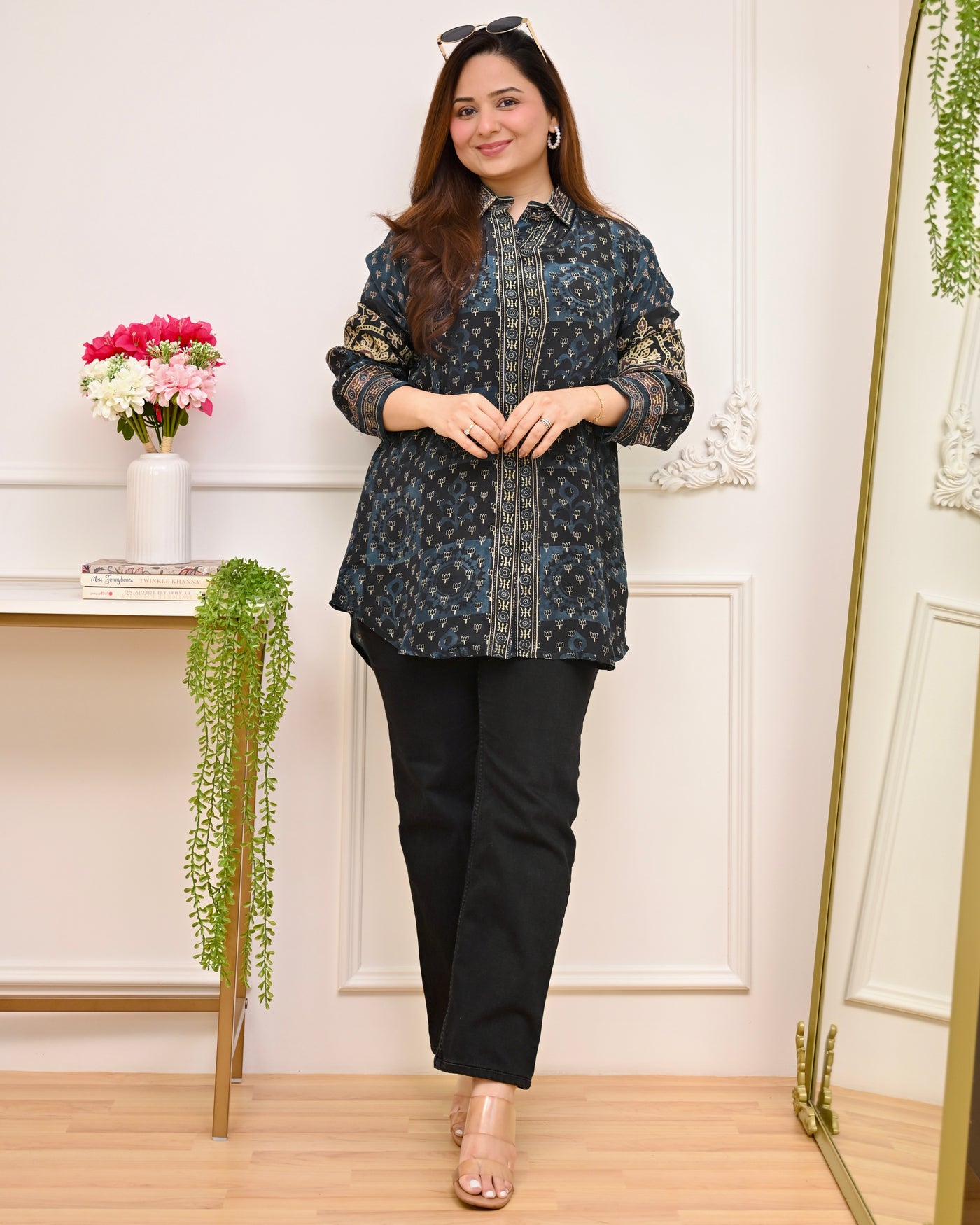 Teal Black Lotus Mandala Pure Crepe Shirt