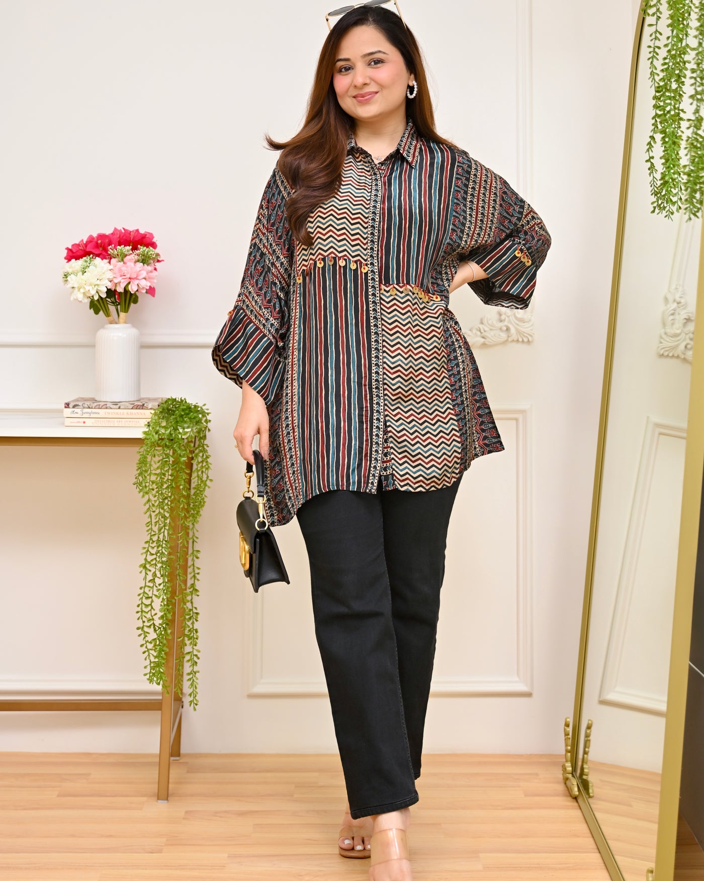Black Chevron Striped Ajrakh Crepe Shirt