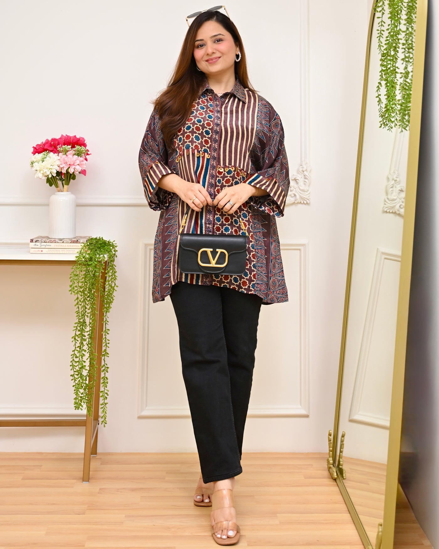 Mocha Mosaic Stripes Ajrakh Crepe Shirt