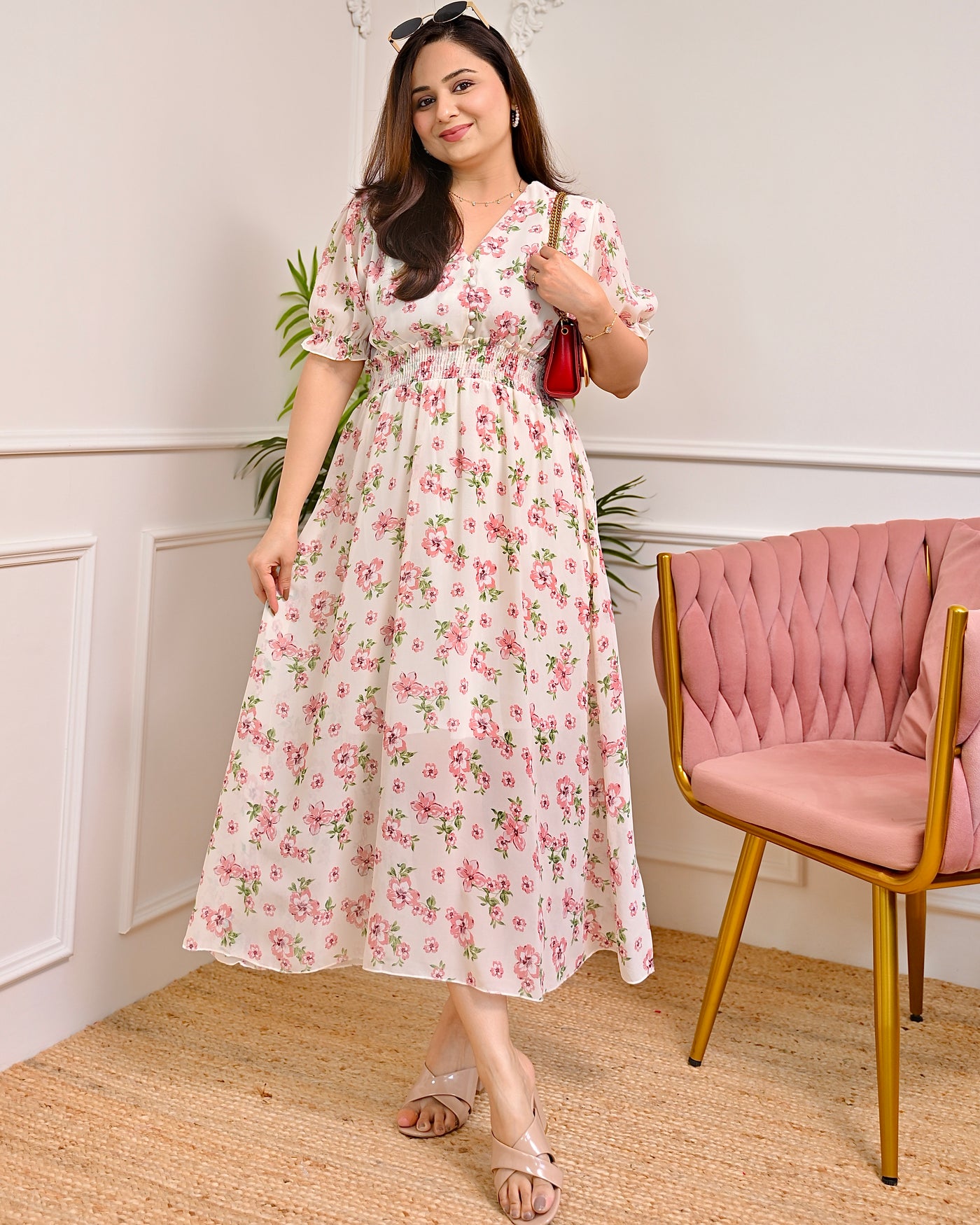 Pink Rose Garden Floral A Line Chiffon Designer Maxi Dress For Women S