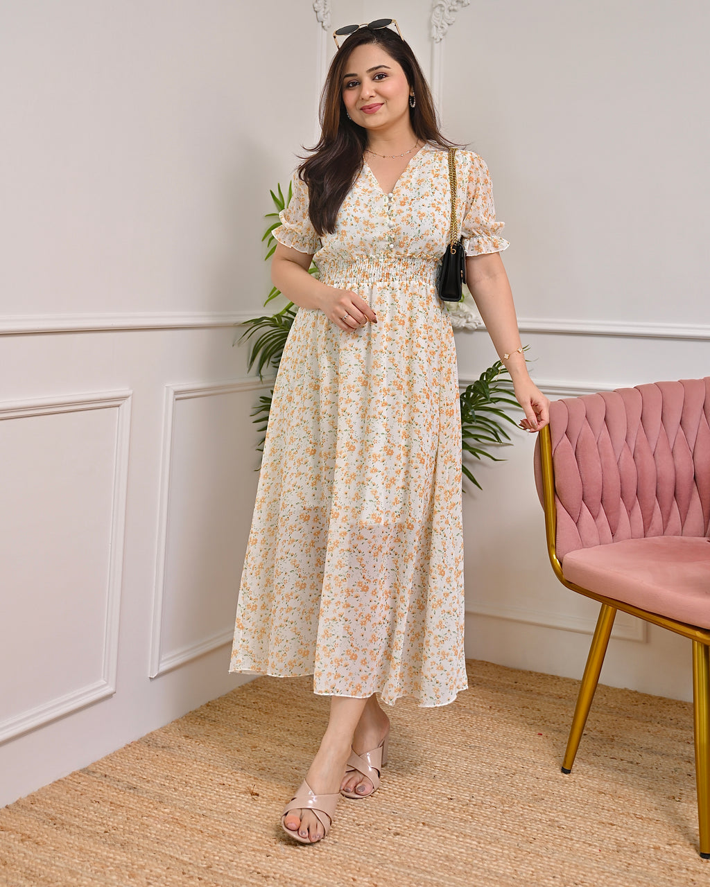 Sunlit Ivory Breeze Floral A Line Chiffon Designer Maxi Dress For