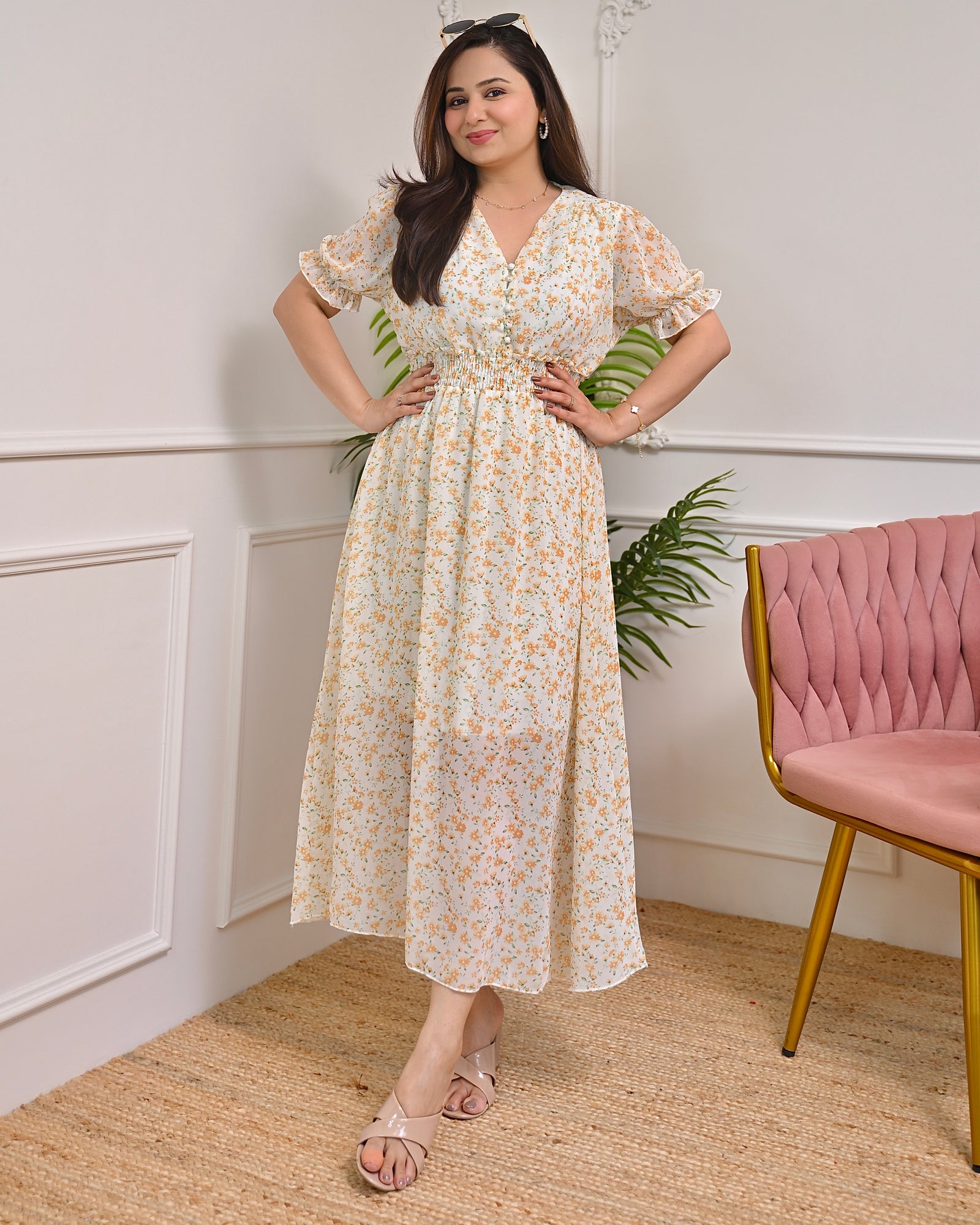 Sunlit Ivory Breeze Floral A Line Chiffon Designer Maxi Dress For