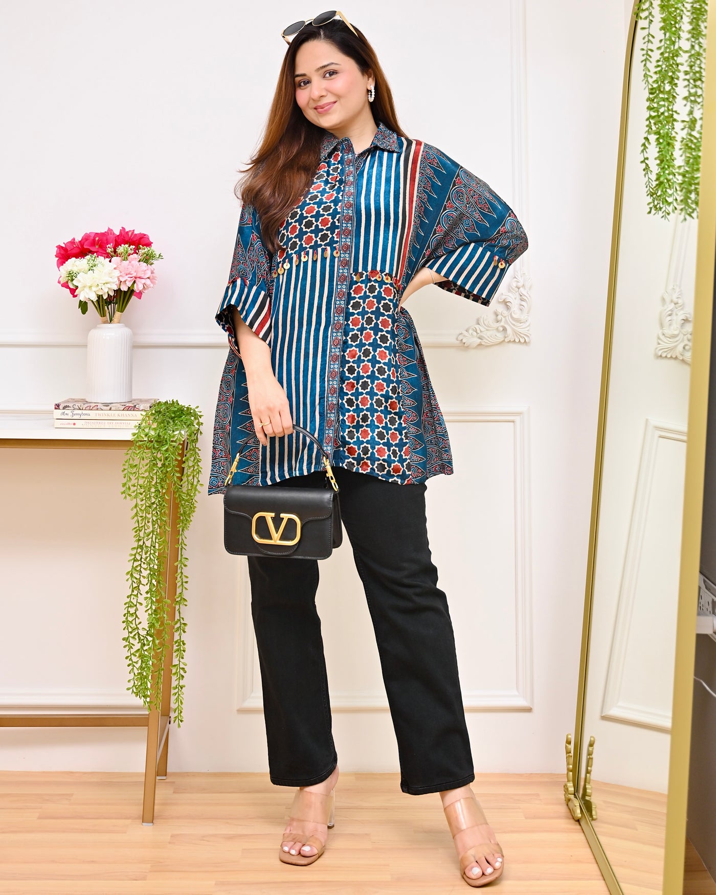 Teal Mosaic Stripes Ajrakh Crepe Shirt