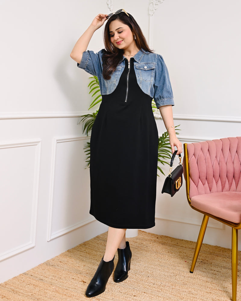 Black Blue Downtown Luxe Premium Denim Imported Midi Dress For