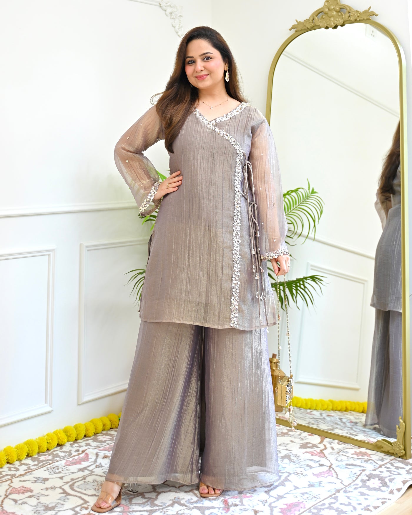 Ash Lilac Shimmer Banarasi Crush Tissue Handwork Kurta Set