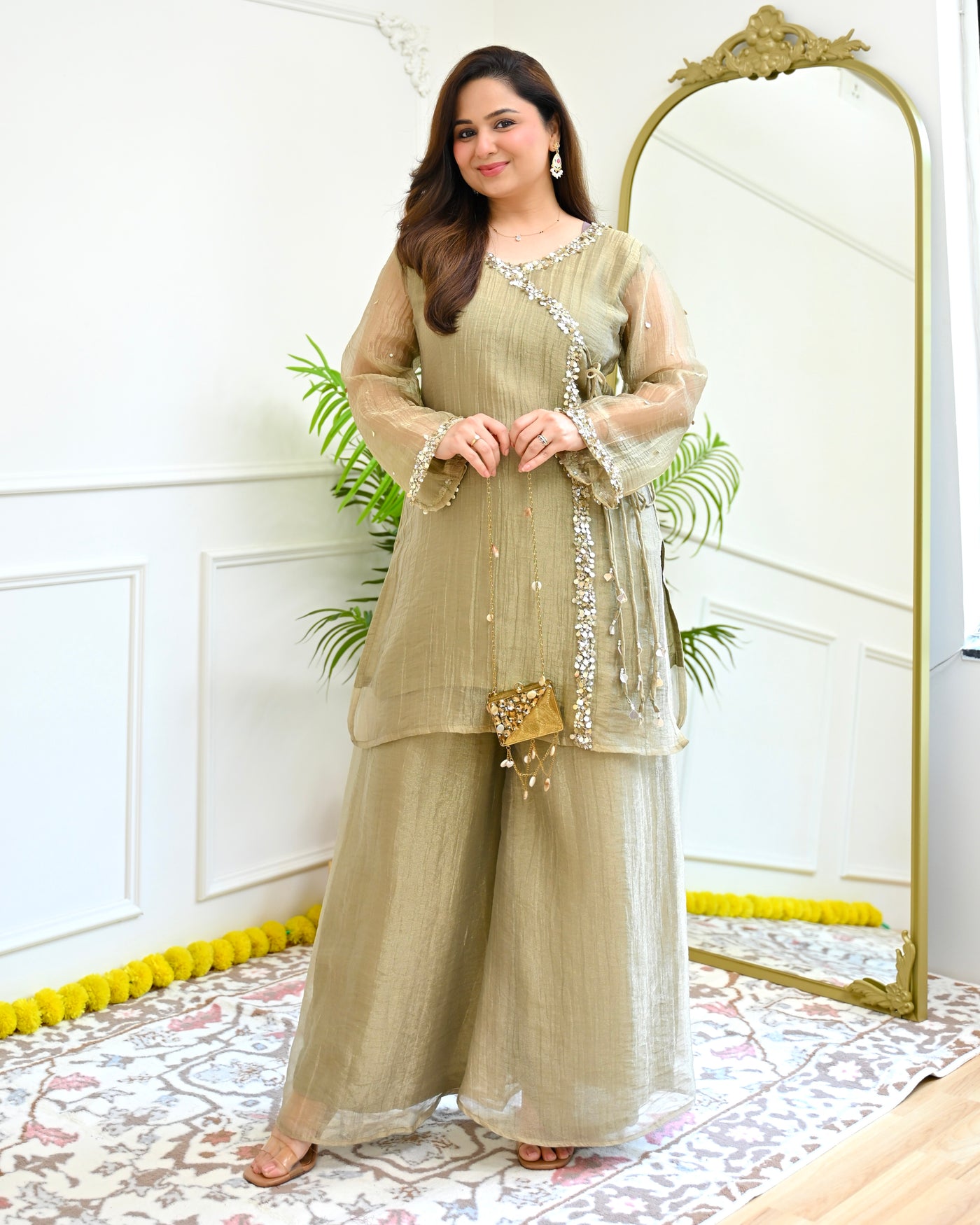 Sage Shimmer Banarasi Crush Tissue Handwork Kurta Set