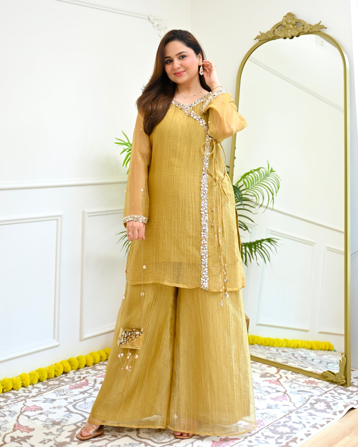 Mustard Glow Shimmer Banarasi Crush Tissue Handwork Kurta Set