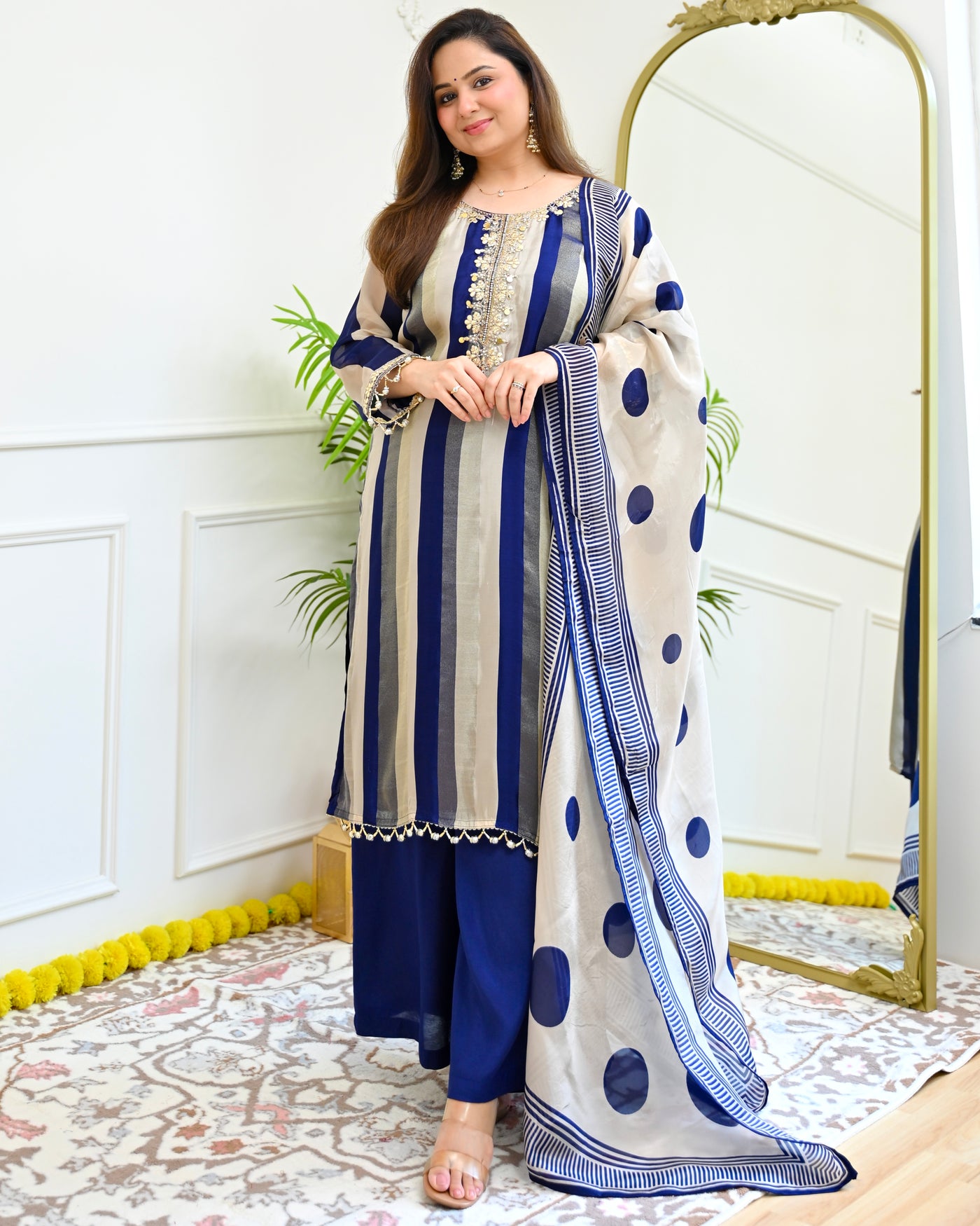 Sapphire Stripes Handwork Crepe Festive Suit