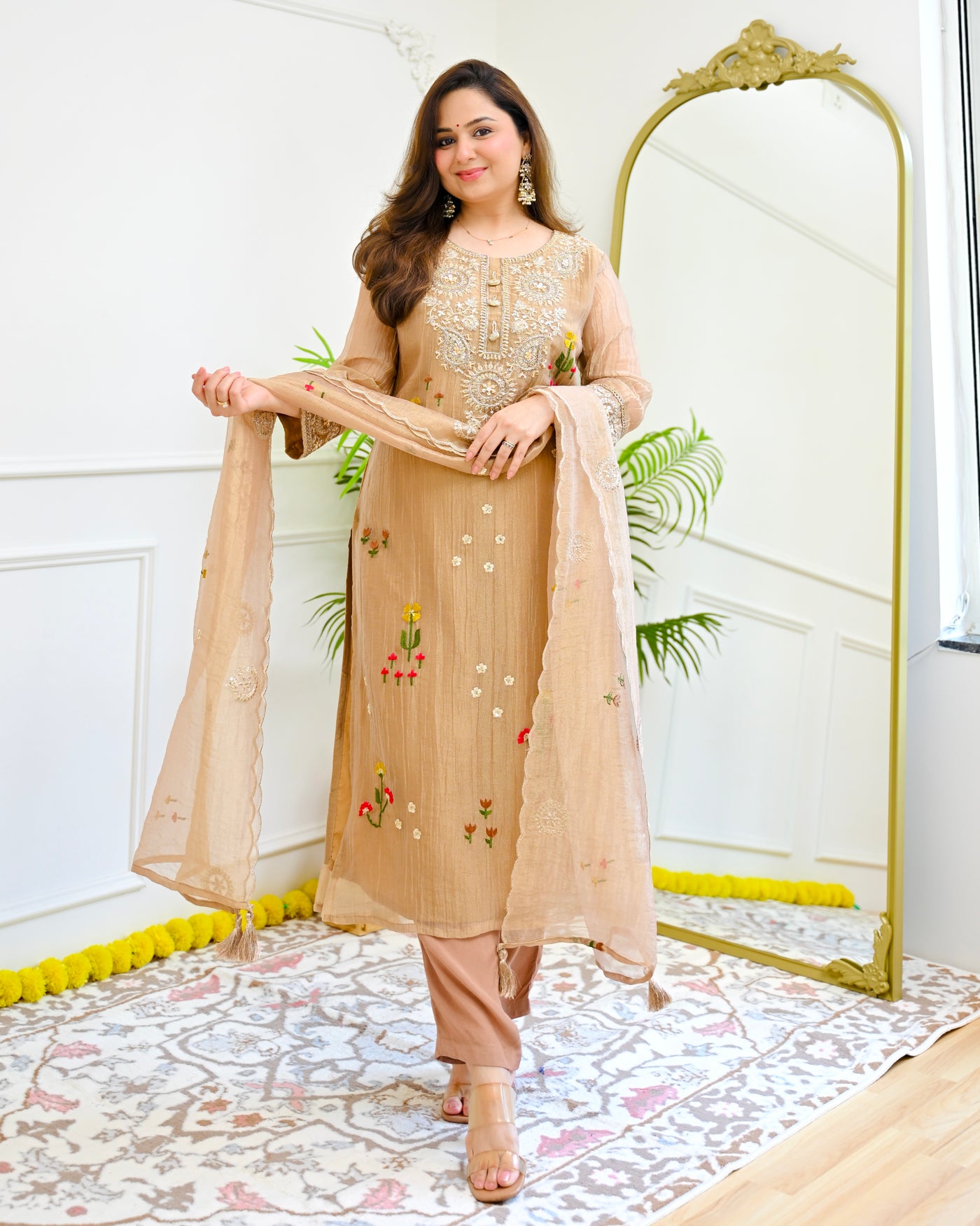 Caramel Bloom Floral Shimmer Crush Handwork Suit