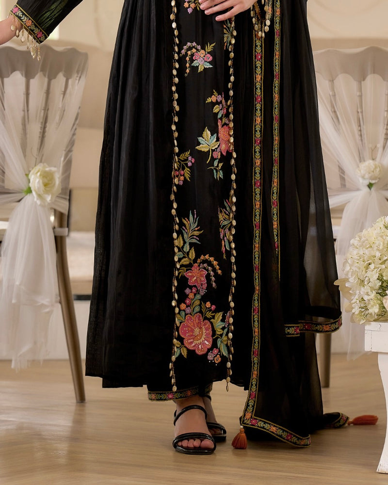 Noor-e-Gul Black Threadwork A Line Mul Chanderi Suit