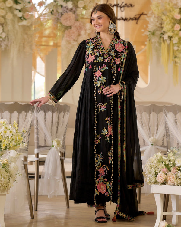 Noor-e-Gul Black Threadwork A Line Mul Chanderi Suit