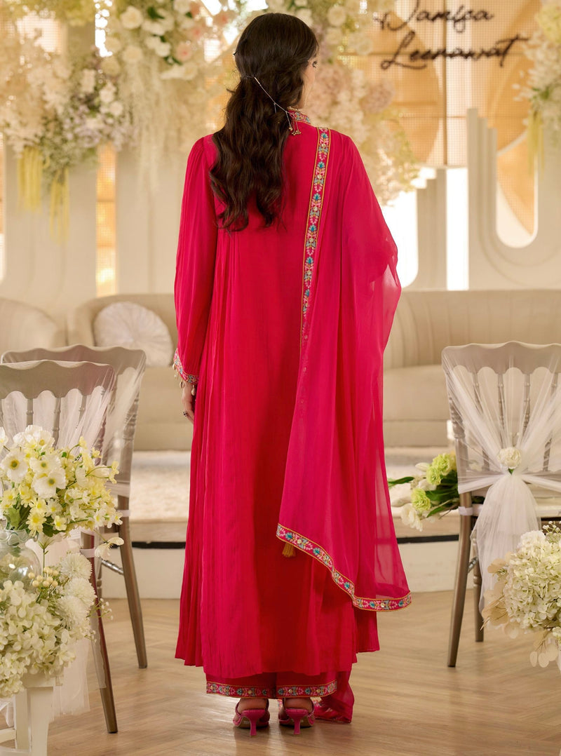 Noor-e-Gul Pink Threadwork A Line Mul Chanderi Suit