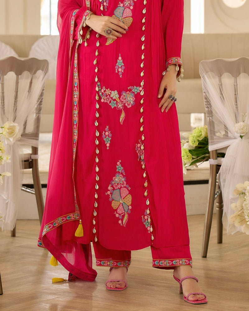 Noor-e-Gul Pink Threadwork A Line Mul Chanderi Suit