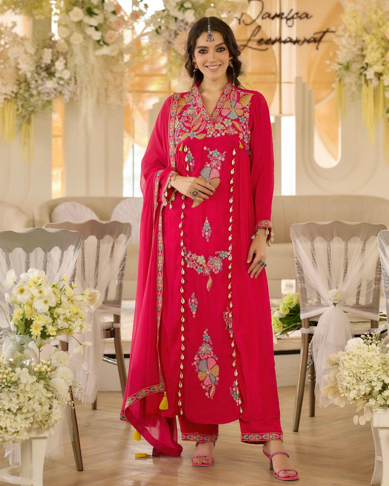 Noor-e-Gul Pink Threadwork A Line Mul Chanderi Suit