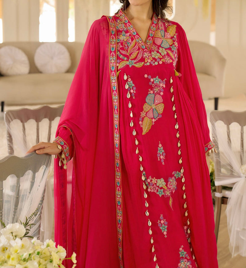 Noor-e-Gul Pink Threadwork A Line Mul Chanderi Suit