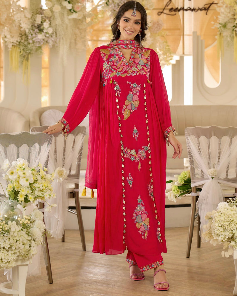 Noor-e-Gul Pink Threadwork A Line Mul Chanderi Suit