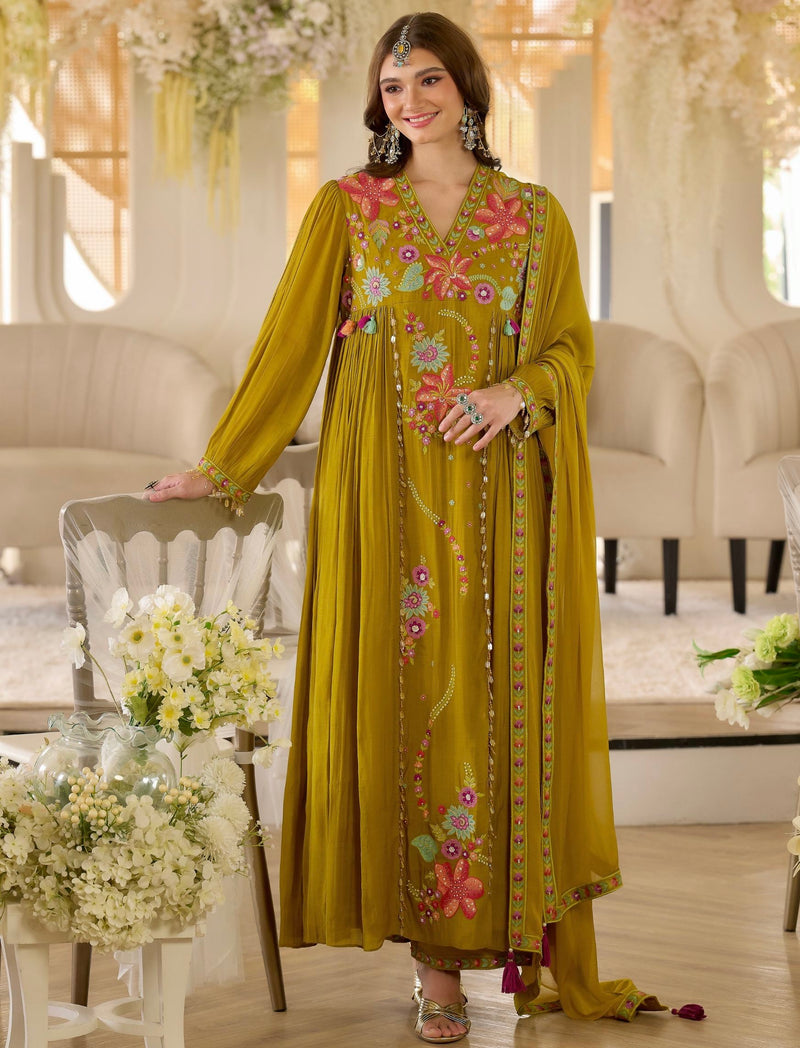 Noor-e-Gul Mustard Threadwork A Line Mul Chanderi Suit