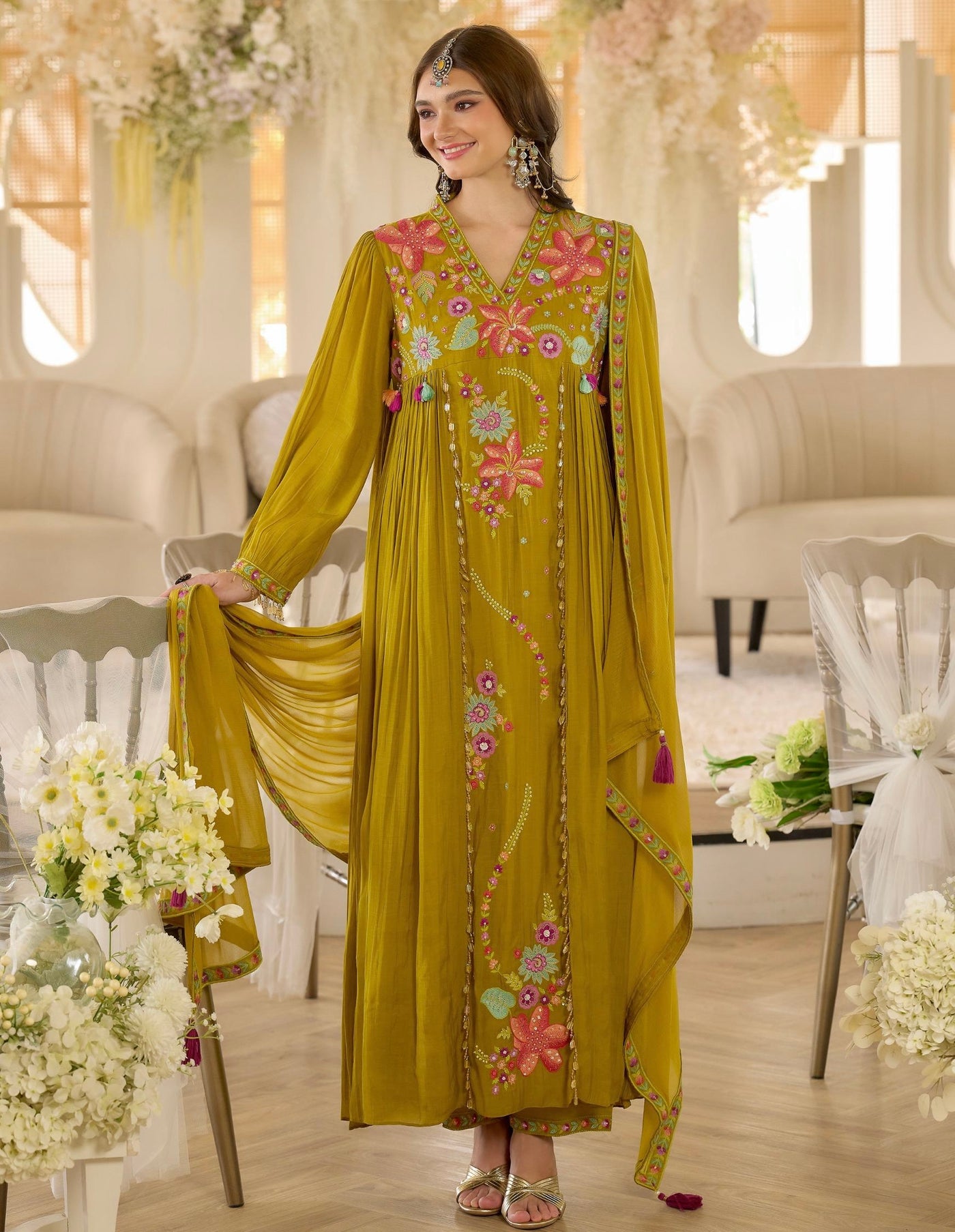 Noor-e-Gul Mustard Threadwork A Line Mul Chanderi Suit