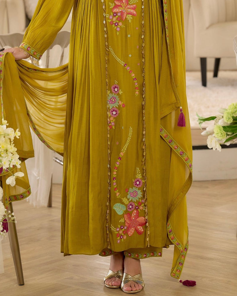 Noor-e-Gul Mustard Threadwork A Line Mul Chanderi Suit