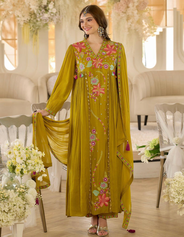 Noor-e-Gul Mustard Threadwork A Line Mul Chanderi Suit