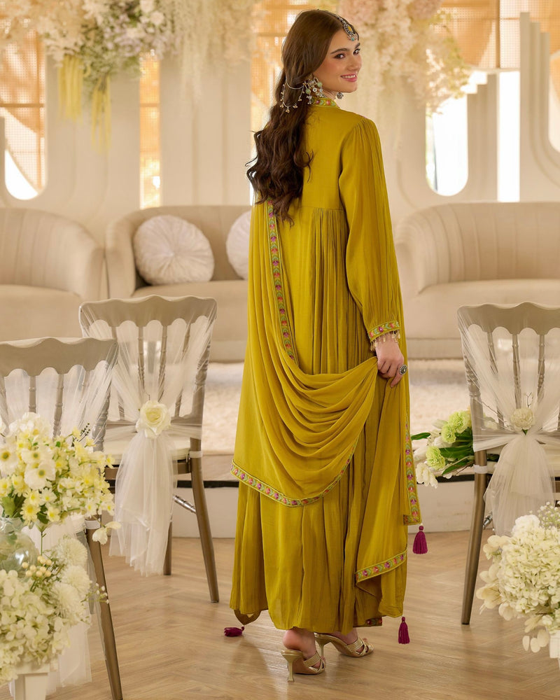 Noor-e-Gul Mustard Threadwork A Line Mul Chanderi Suit