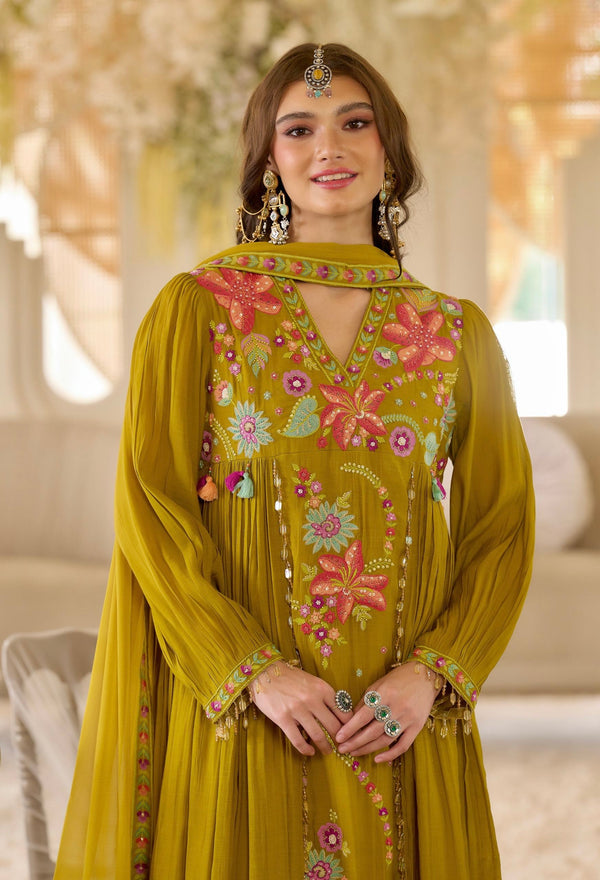 Noor-e-Gul Mustard Threadwork A Line Mul Chanderi Suit